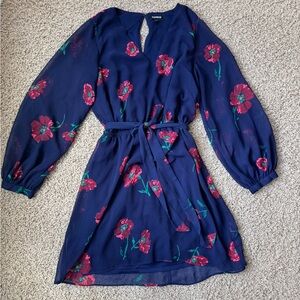 Express Women’s Floral Print V-Neck Long Sleeve Chiffon Sash Tie Waist Dress Med